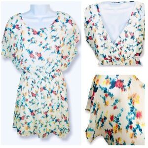 LUSH Floral Backless Dress Chiffon Faux Wrap Back Ivory S